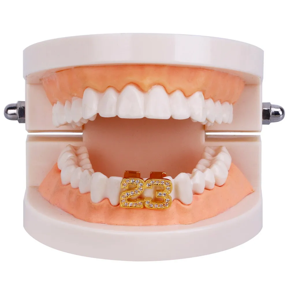 Copper Alloy Dental Part Number 23 Jewelry Gold Zircon Double Teeth Grills Hip Hop Ice Out Grillz For Teeth