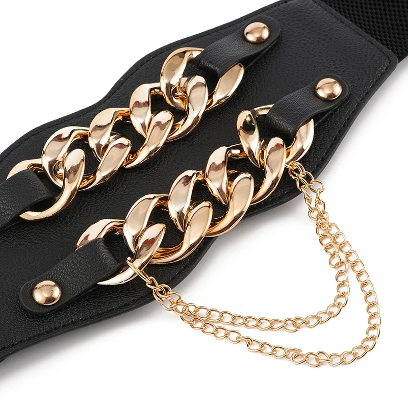 Women Elastic Wide Girdle Double Row Gold Chain Women Dress Belt Fashion Coat Sweater Women PU Belt