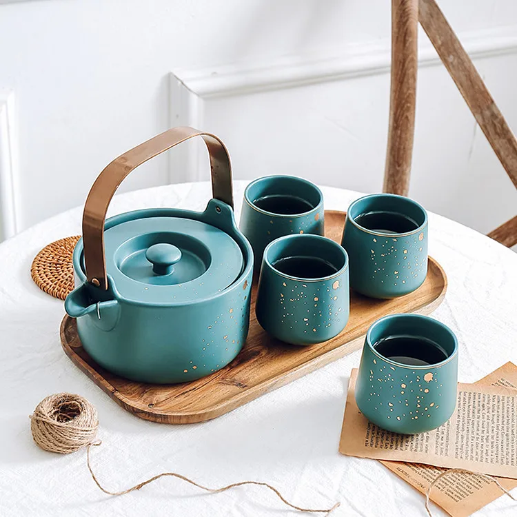 Nordic style outdoor manor tea set green gold rim 4 cups teapot porcelain coffee tea set with wood tray