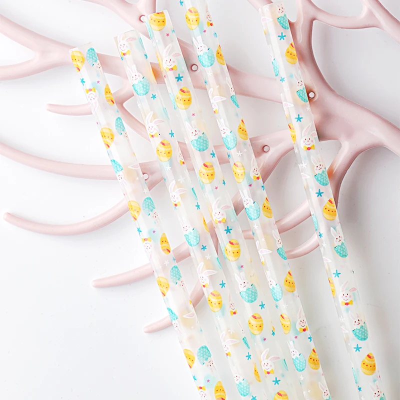 pp hard plastic easter bunny straws, reusable  easter holiday straws with designs,  wholesale  easter egg printed straws