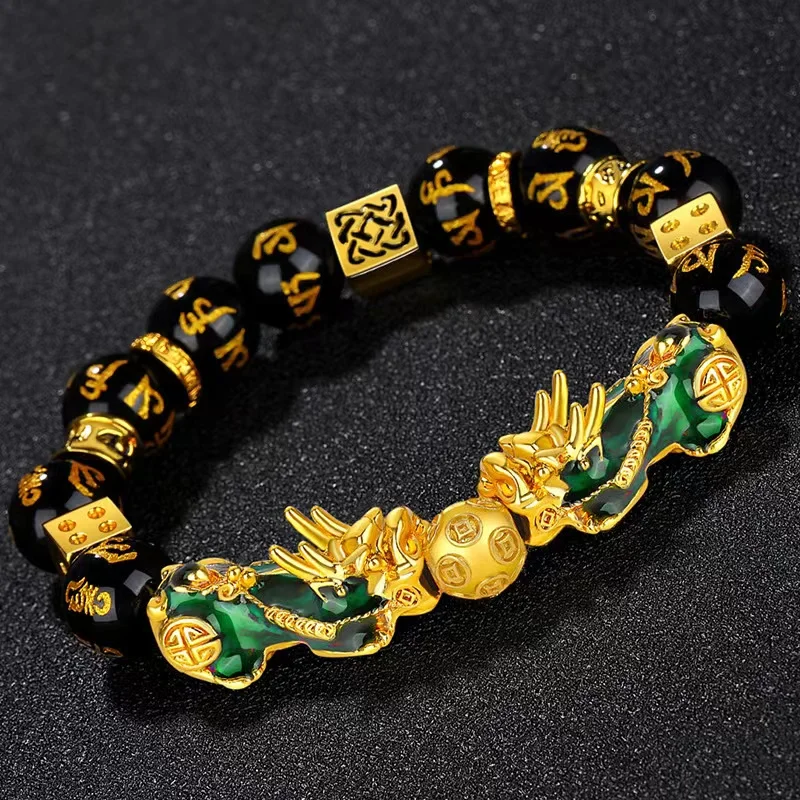 Pi Xiu Feng Shui Black Obsidian Attract Wealth Lucky Chakra Heat Reactive Jewelry for Women Men Adjustable Gemstones Bracelet