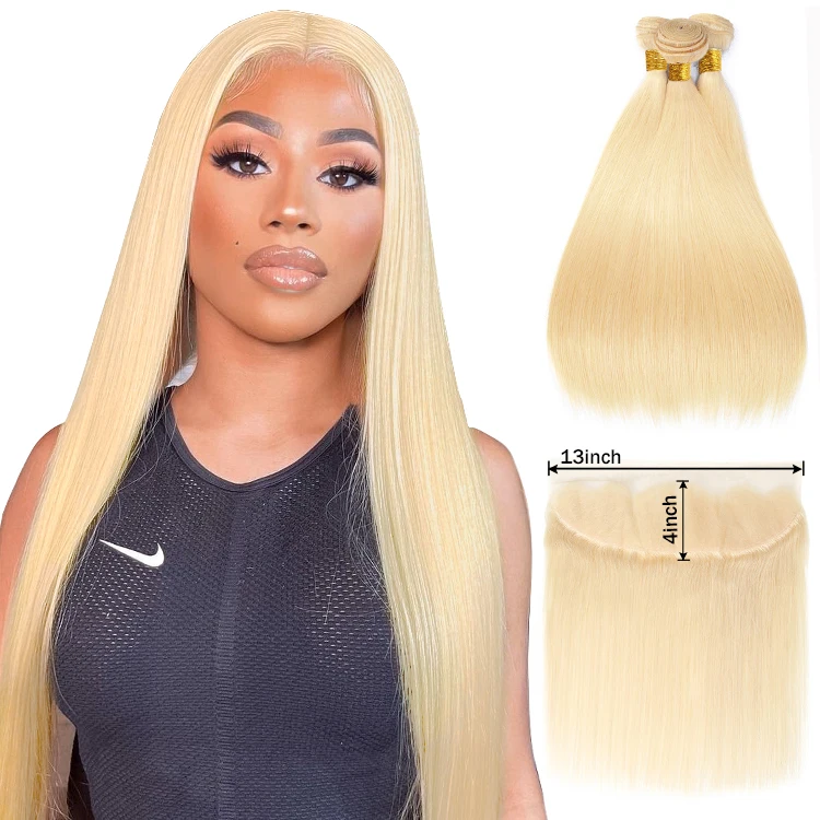 613 Human Hair Bundles Blonde Straight Wholesale Virgin Russian Blonde Human Hair Extension With 13X4 Raw Hair Frontal Closure