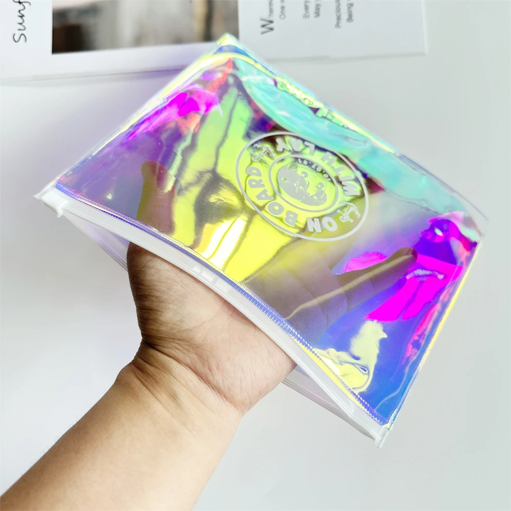 Trendy Custom Holographic Bga Pouch Cosmetic Iridescent Pvc Transparent Zipper Bag Print Laser Plastic Ziplock Packaging Bag