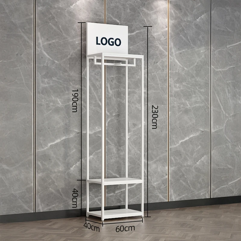Custom LOGO Fashion Boutique White Metal Garment Display Stand Shoe Bag Shelves Retail Store Free Standing Clothing Display Rack