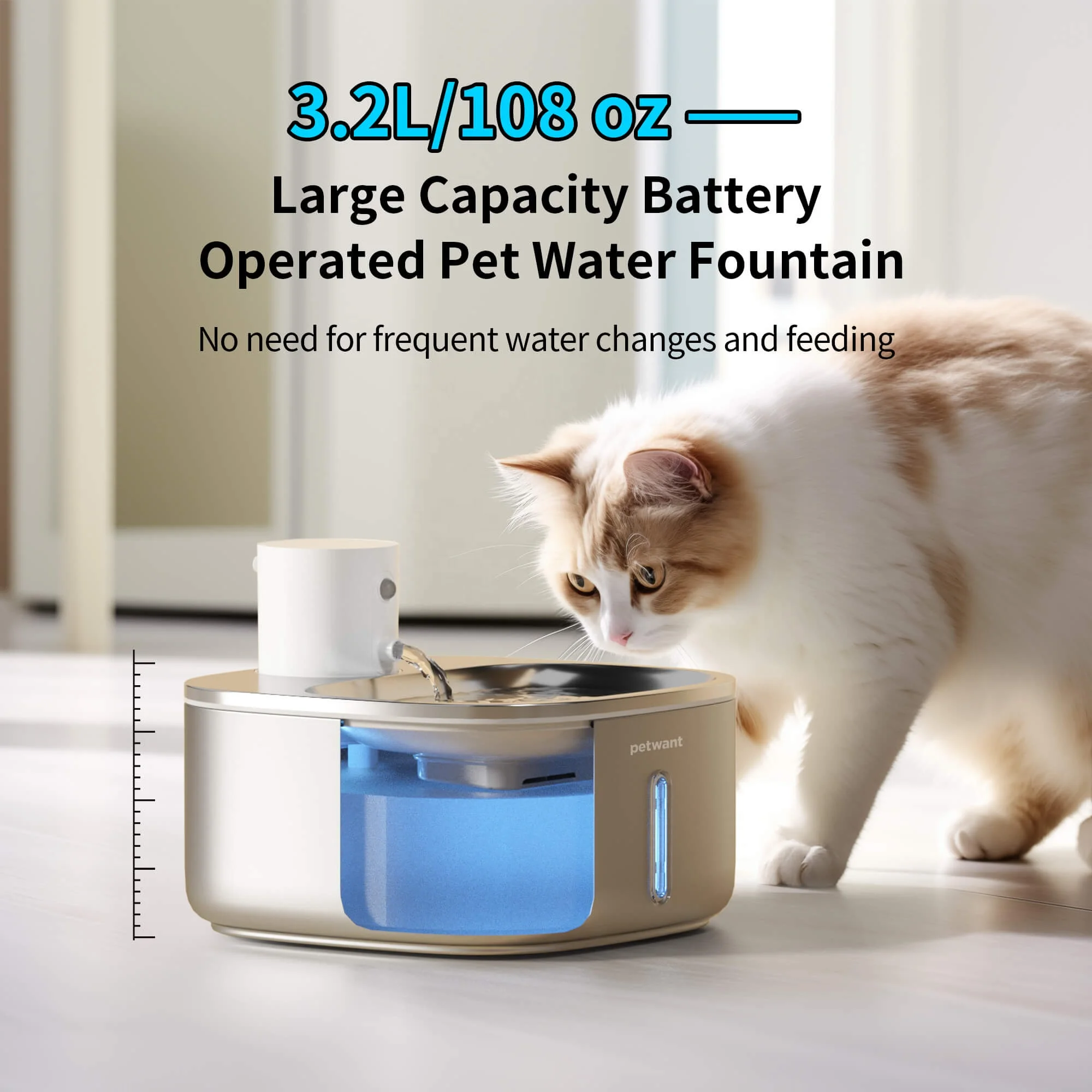 Petwant 3.2L Stainless Steel Wireless Battery Operated Pets Drinking Water Fountain for Small Animals Dogs Cats