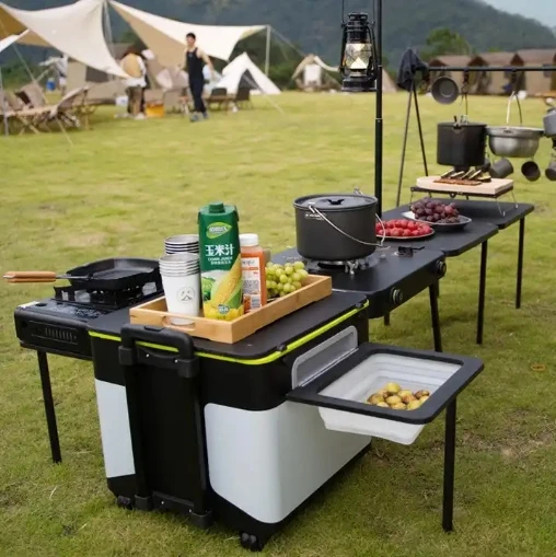 Portable mobile kitchen equipped with foldable cooking table and storage table for outdoor camping and picnics