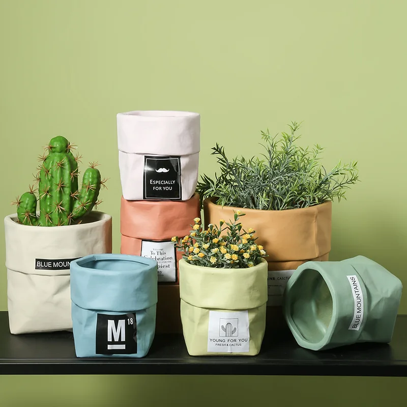 Nordic Ins Ceramic Kraft Bag Style Flowerpot Green Plant Potted Creative Personality Green Pineapple Fleshy Cactus Flowerpot