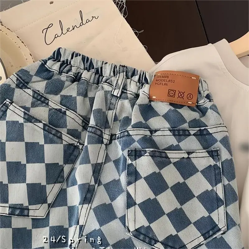 Wholesale 2024 Spring Diamond Plaid Kids Jeans Pants
