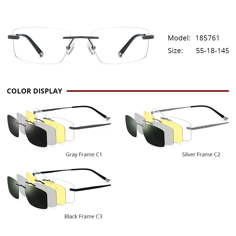 Borregls Pure Titanium Glasses Frame Men Rimless Magnet Clip Optical Eyeglasses With Polarized & Night Vision & 3D Lens 185761