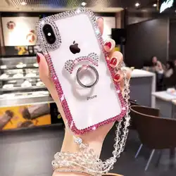 Luxury Diamond Clear Mobile Phone Case Cover With Ring Stand and Neck Strap For Iphone 11 12 13 Pro Max Case