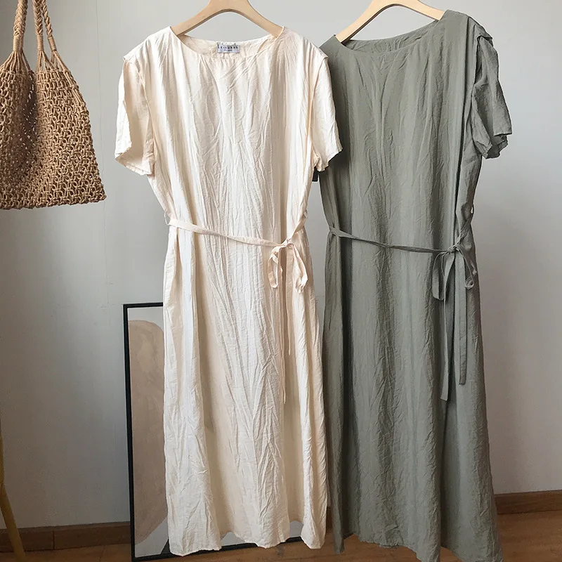 Korean Style Round Neck Solid Color Short Sleeve Dress Classic Cotton Blend Homewear Casual Dress