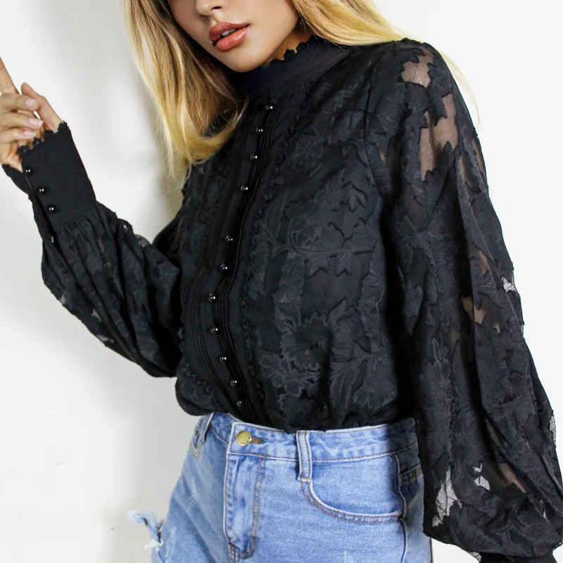 2022 Single-breasted standing collar lace women shirt long lantern sleeve black women blouse