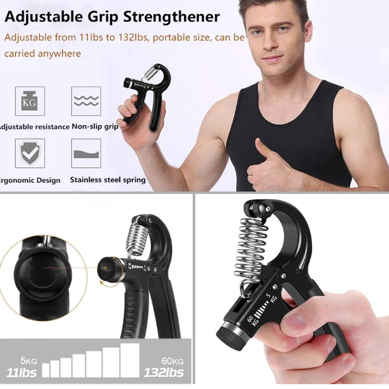 Support logo print gym fitness 5-60 kg adjustable alloy spring strength hand grip strengthener heavy duty anti slip