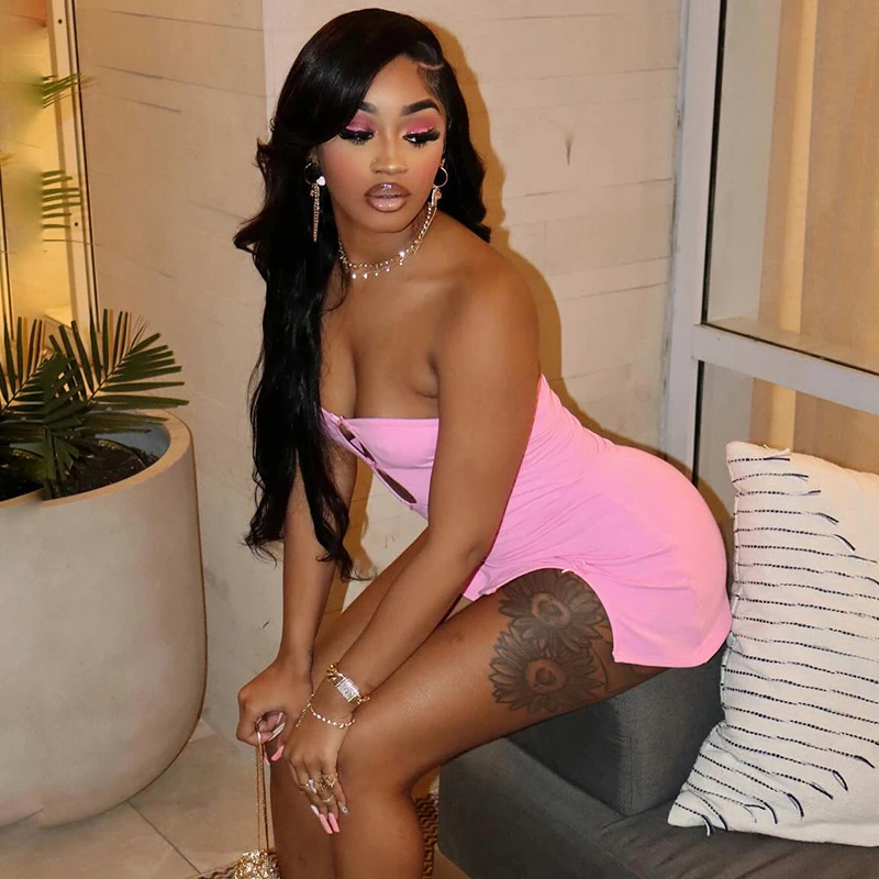 Bomblook D24DS059 Trends Sexy Outfits Strapless Ladies Slit Dress Women Solid Bodycon Bow Mini Dress 2024 Summer