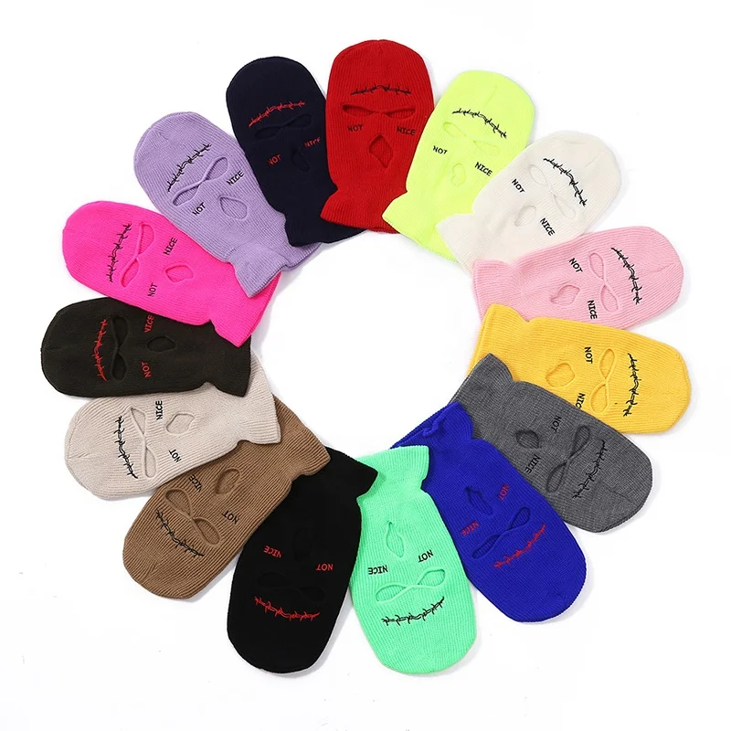 High Quality Custom Neon Embroidered Not Nice Logo Windproof Neck Warmer Thermal Cycling Three Hole Ski Mask Balalcava Beanie