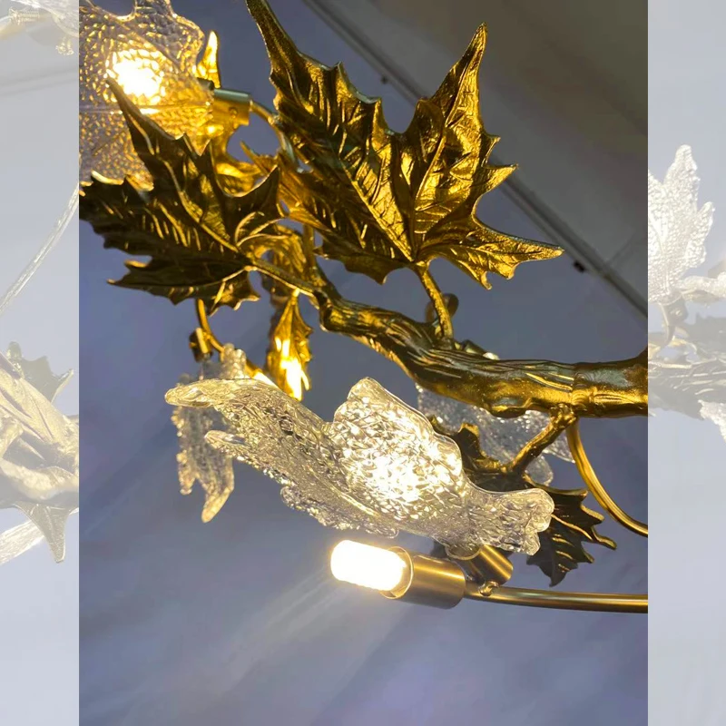 Decorative lighting fixture modern design hand blown glass art nouveau creative dragon metal leaf gold and crystal chandelier