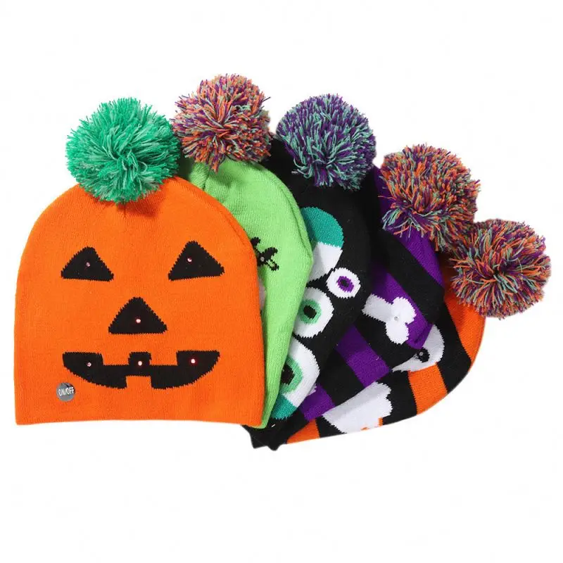 New Product Led Flash Color Light Battery Pumpkin Ghost Halloween Knit Hat For Autumn Winter