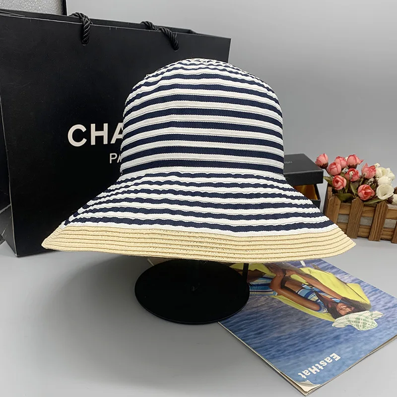 2022 new classic black and white stripes beach hat foldable wide brim Hat Summer Beach Floppy Sun Cruise Hat