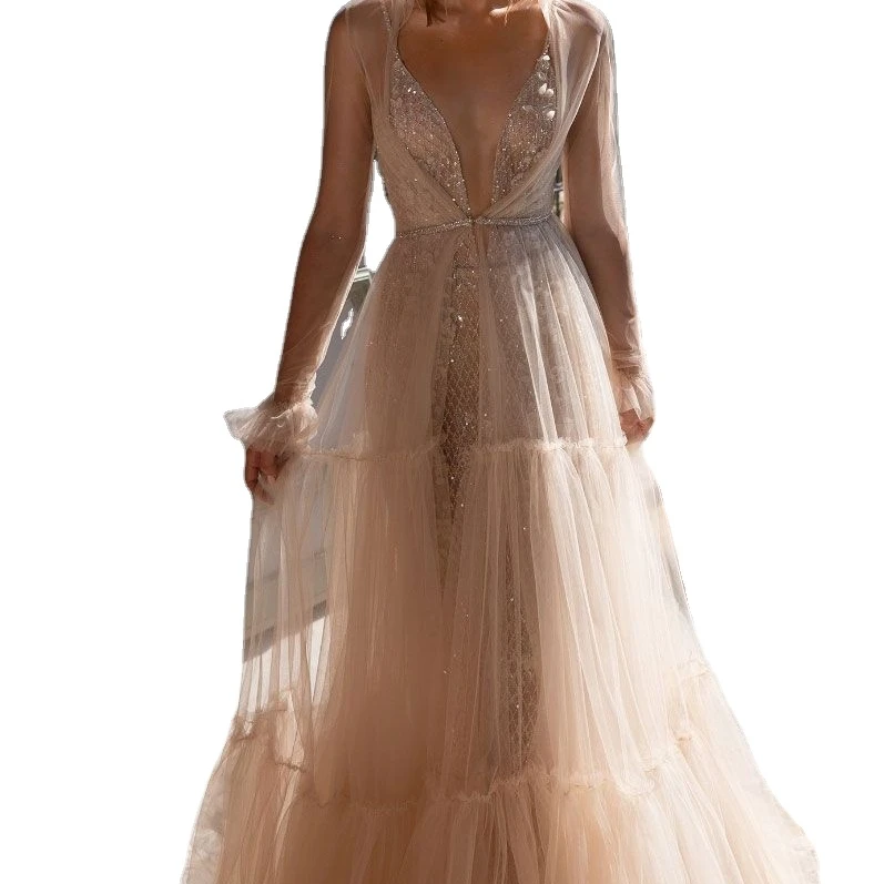 Модное сексуальное бальное платье с глубоким V-образным вырезом и длинным рукавом, Прозрачное платье из двух частей для женщин