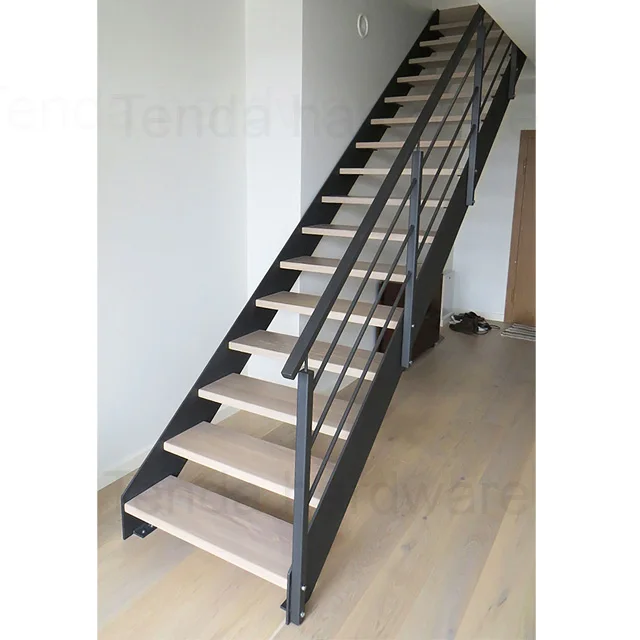 black metal stairs with wood steps double spine steel support straight stair with metal railing