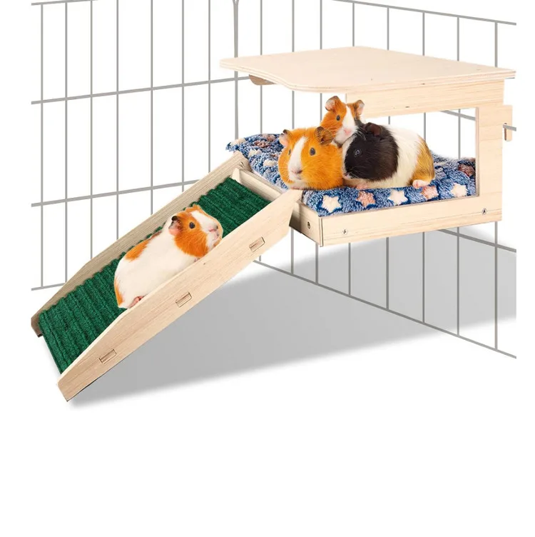 Save Space Guinea Pig Hideout Natural Wooden Small Animal House Bed With Stairs And Mat