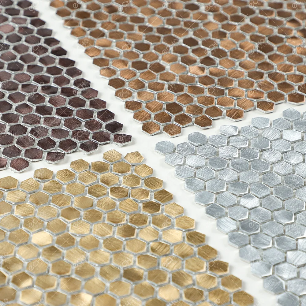 Ready to Ship Mesh Mounted Gravity Aluminium Metal Elements Mini Gold Hexagon Mosaic Wall Tiles