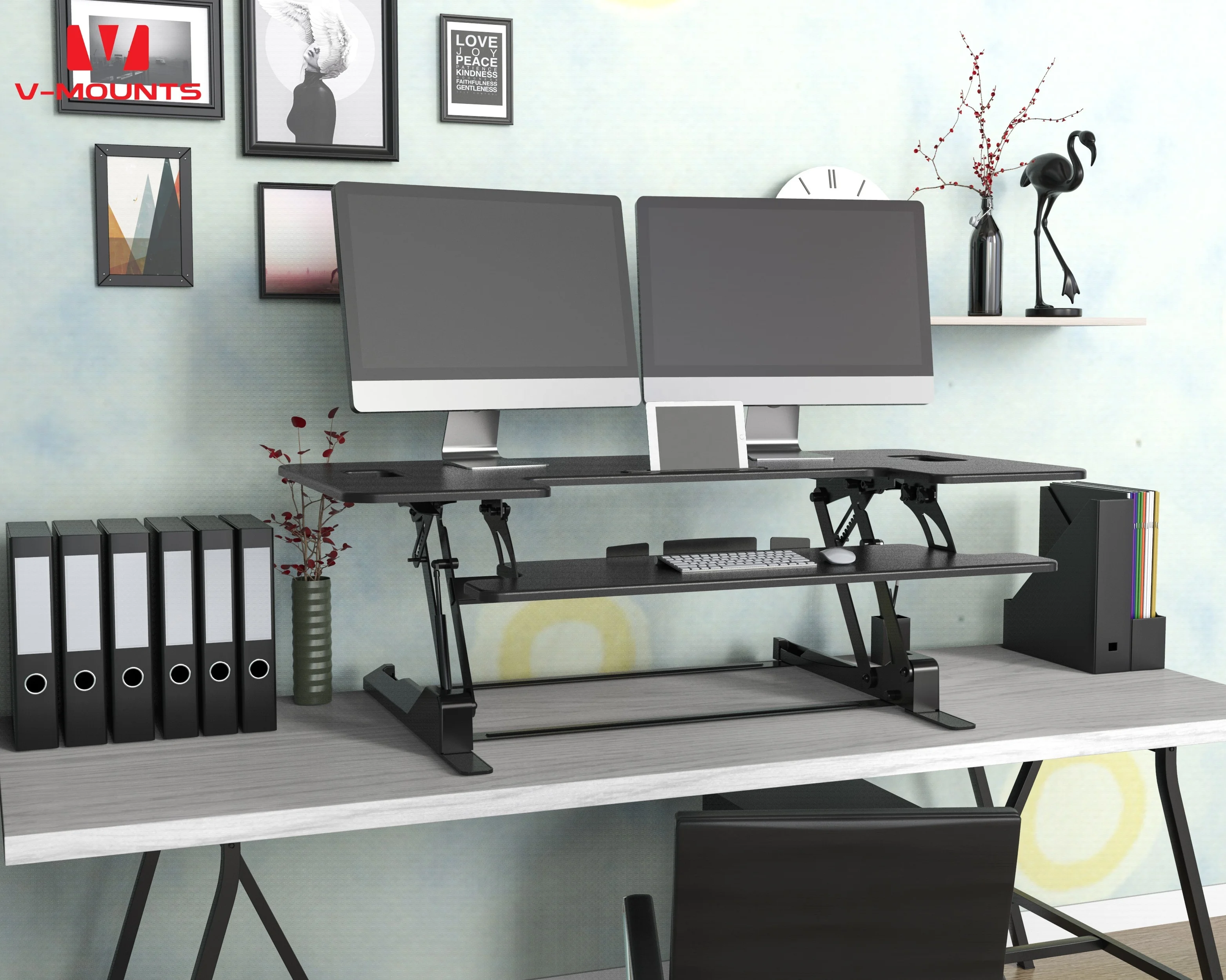 V-mounts Extendable Home Office Large Desktop Workstation Adjustable Tabletop Standing Desk Converter Double Handles