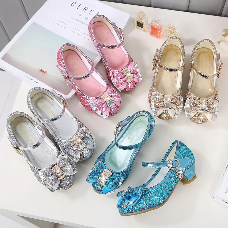 
2021 new multi-color sequined crystal bow party small heels girl princess shoes 