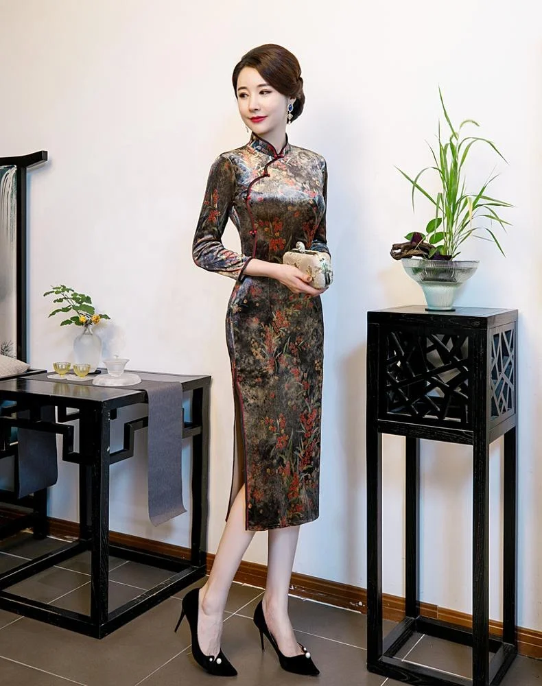 Облегающее платье-Ципао из бархатной ткани, до колена, с цветочным принтом и рукавом 3/4
