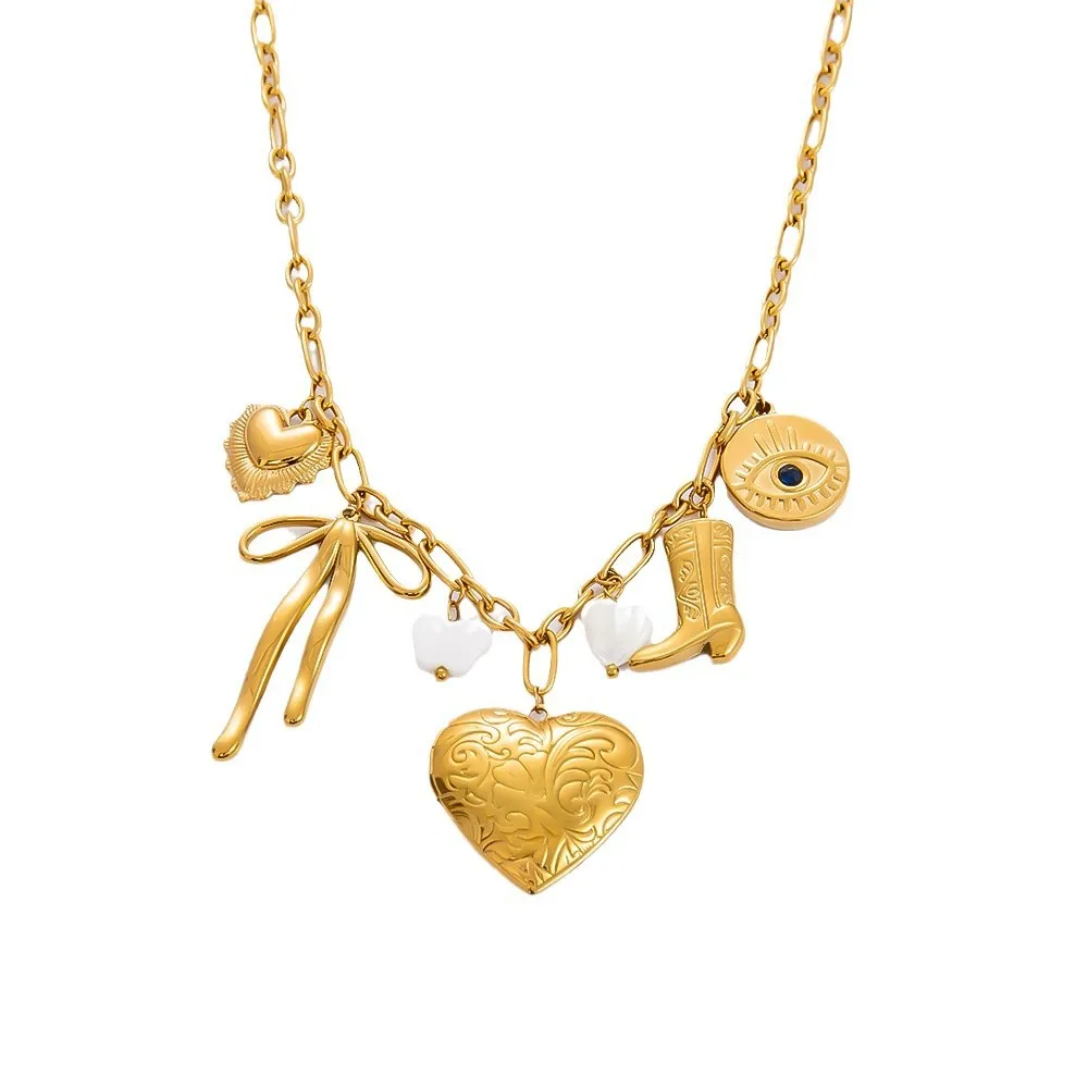 Vintage 14k Gold Plated Big Bow Knot  Pendant Necklace Stainless Steel No Fade Evil Eyes Hollow Heart Charms Pendant Necklace