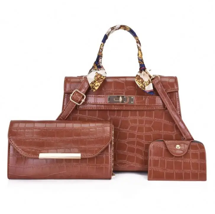 Retro stone pattern elegant bag crocodile pattern large capacity one-shoulder messenger bag three-piece set