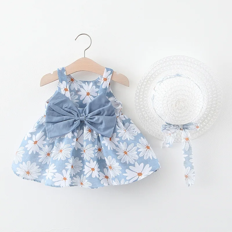 Baby Girl Casual Dress Summer New Bow Flower Slip Dress with Hat Cute  Child Baby Dress Model