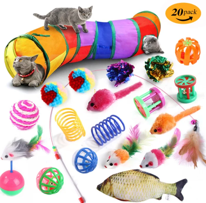 Tunnel and Toys for Indoor Cats Tunnel and Tube Toy Interactive Feather Teaser Wand Ball Toy Set
