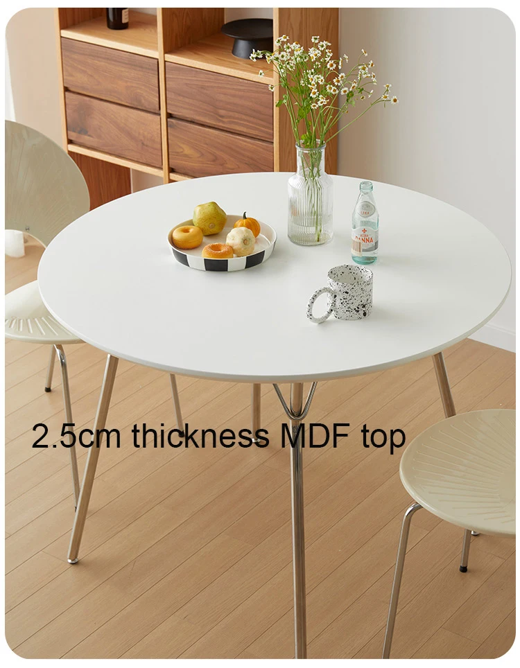 Modern round White Dining Table Set with Stainless Steel Legs KD MDF HPL for Home Use Study or Living Room