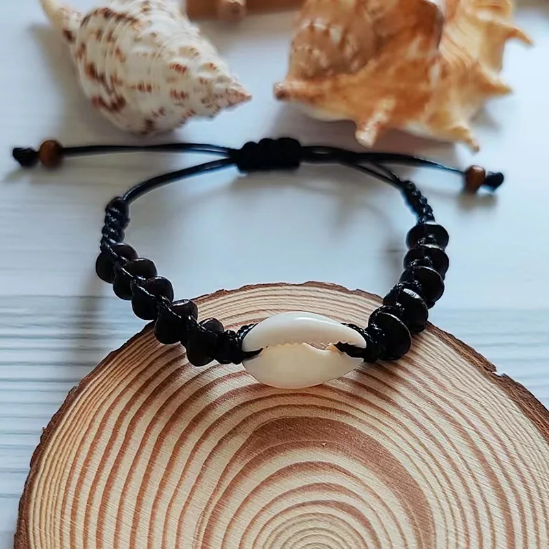 Summer jewelry Natural Wooden Disc Beads Sea Shell Braided Bracelet Adjustable Wax Cord Woven Handmade Ocean Beach Bracelet