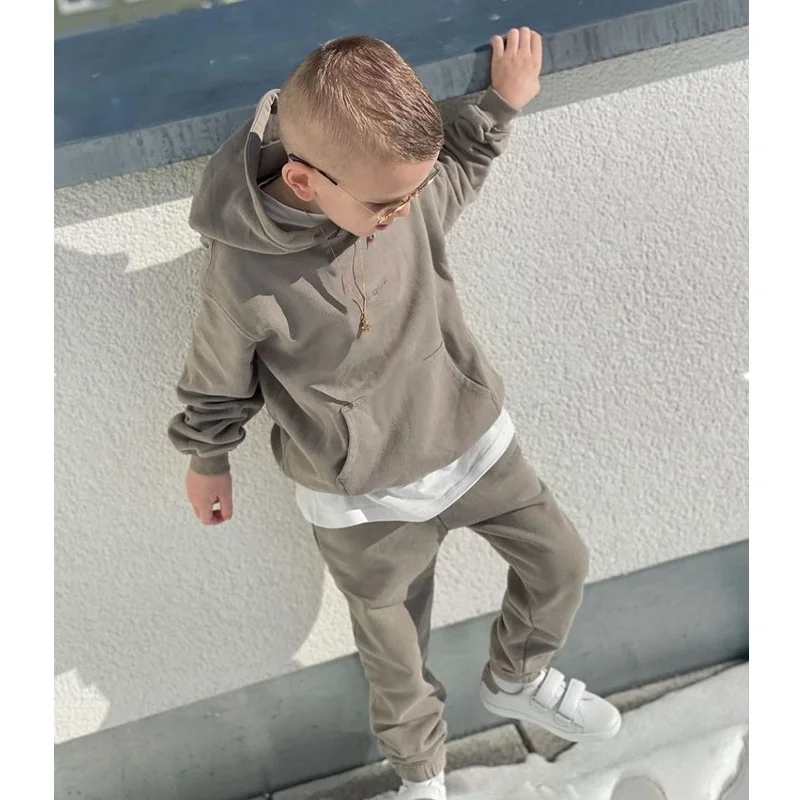 High quality children 2 piece hoodies 100% cotton for kids baby hoodie custom logo kids sweatsuits no drawstring