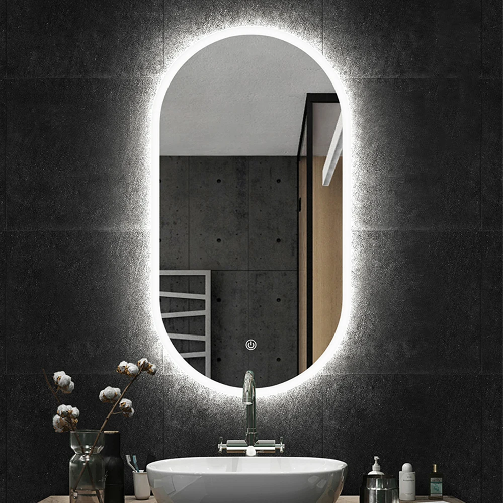 Frameless luxury oval illuminated smart wall mounted anti fog touch screen bathroom mirror with LED lights