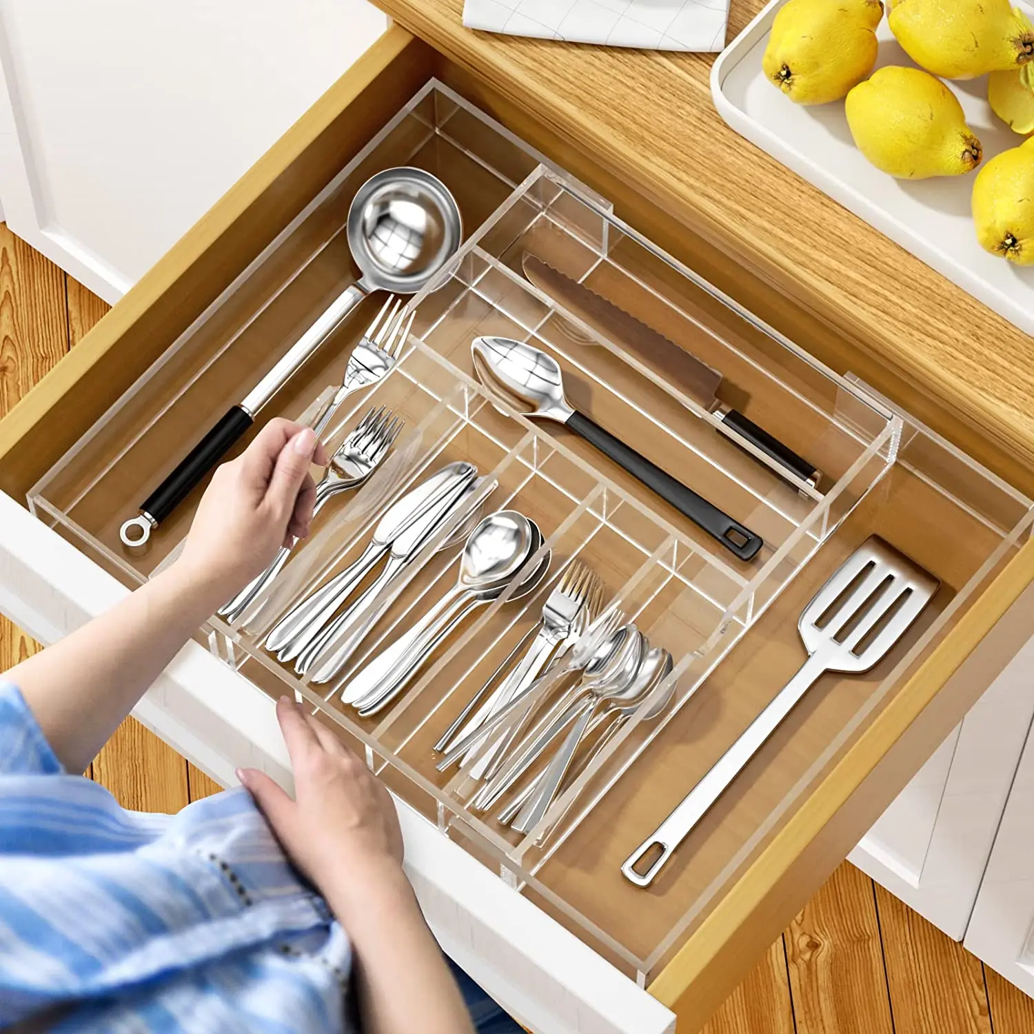 Expandable Kitchen Drawer Organizer for Flatware and Utensils Cutlery Holder Adjustable Clear Acrylic Silverware Tray