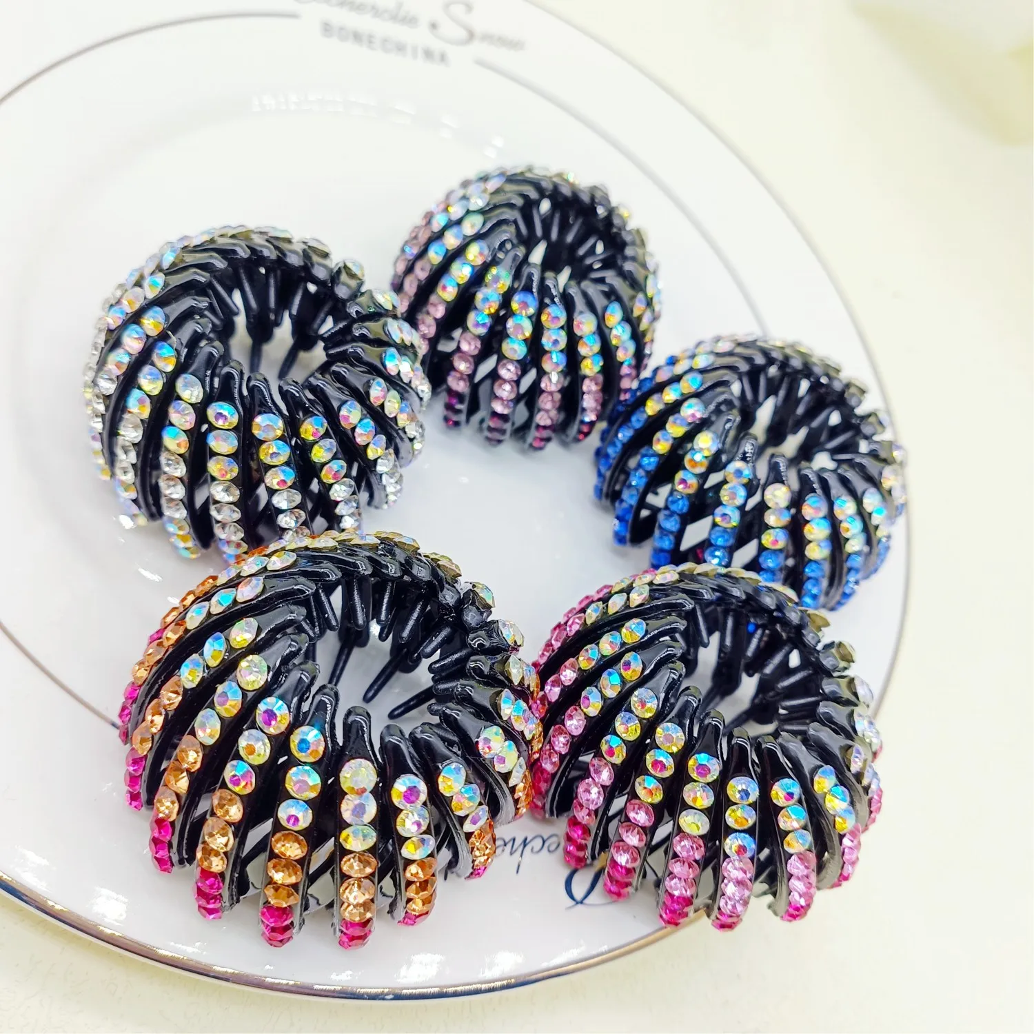 Mylulu Ponytail holder jeweled crystal rhinestone hair clamps retractable black plastic hair claw bird nest magic hair clip