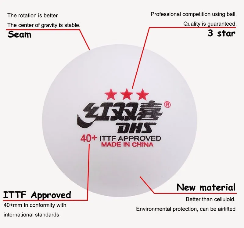 DHS 3 star hot sale table tennis ball D40+ professional player ping pong ball