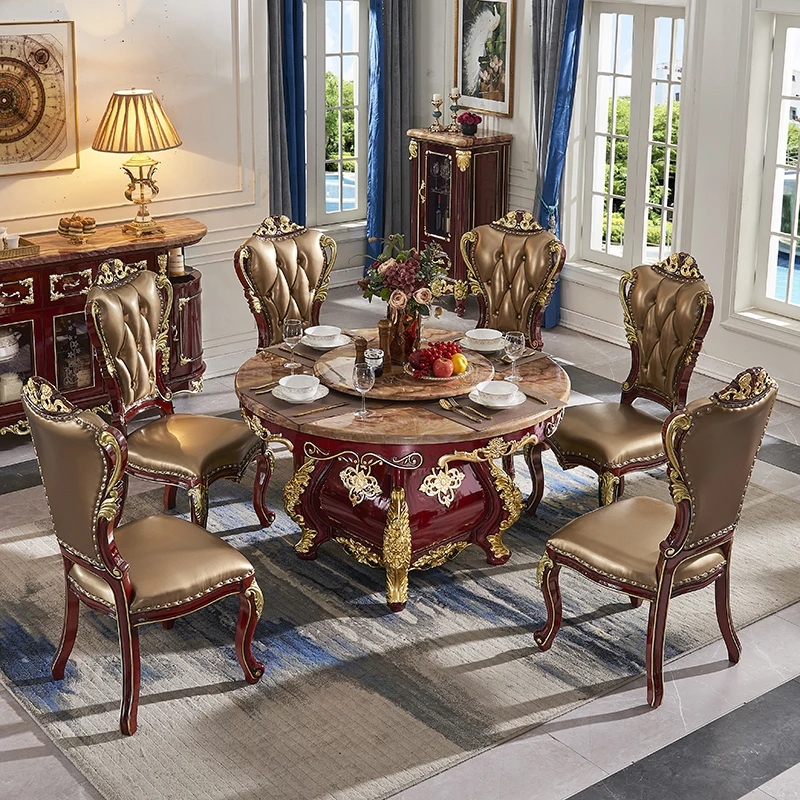 European neoclassical red sandalwood painted gold dining table chairs combination turntable dining set American Villa