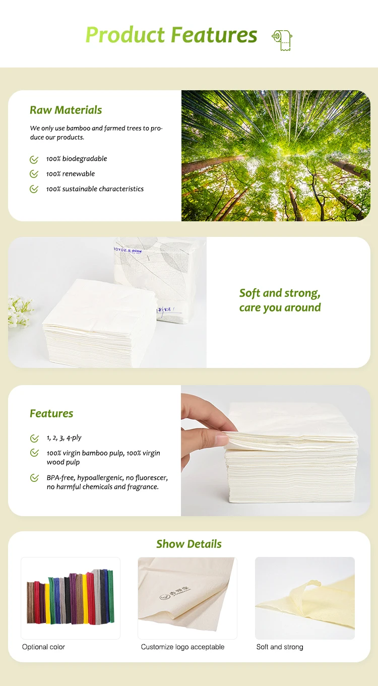 Wholesale virgin bamboo pulp 100% biodegradable disposable airlaid paper tissue napkins