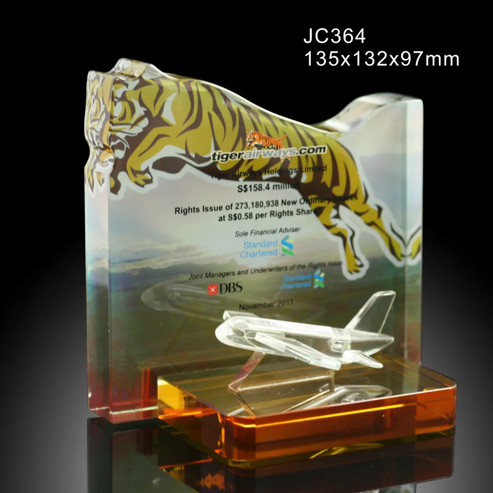Hot sale new unique tiger crystal trophy award with crystal plane model orange base blank crystal plaque for souvenirs/gifts