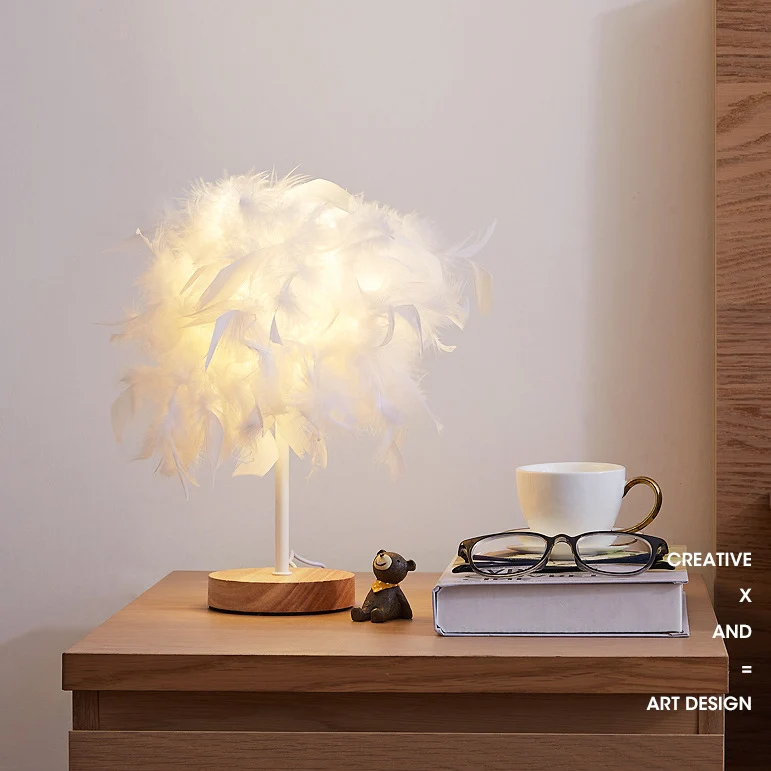 Hot Selling Low Price Wooden Desk Lamp Creative Design Feather Shade Bedside Table Light