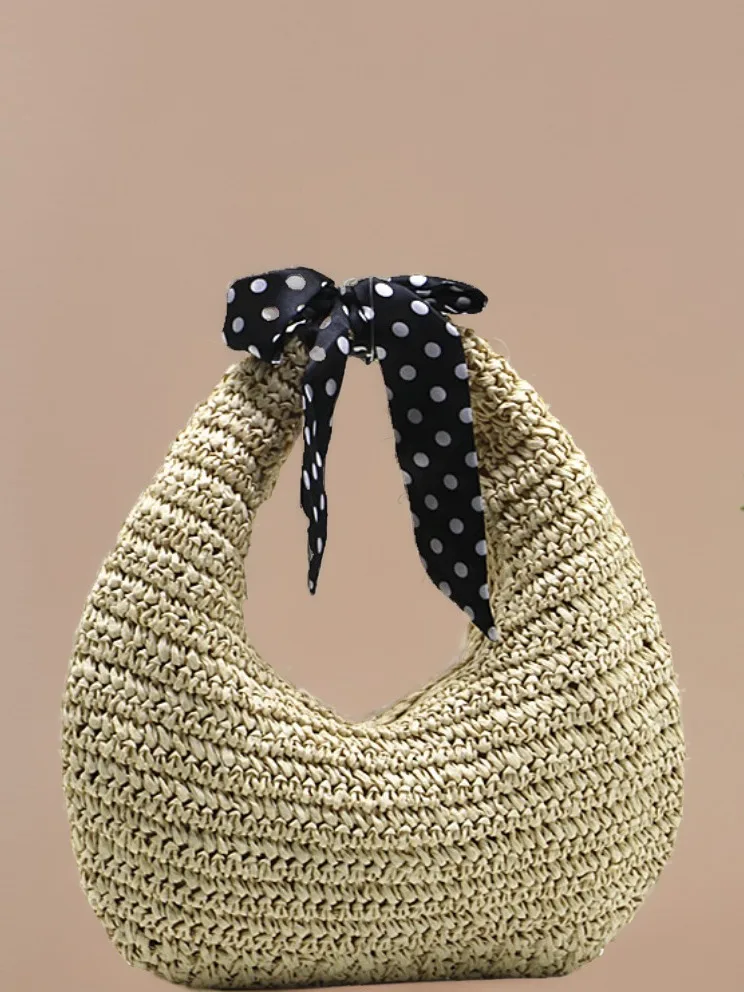 Custom Logo 2024 New Fashion Crochet Bag Straw Beach Bag Shoulder Handbag Hand Woven Tassel Straw Tote Bag For Women