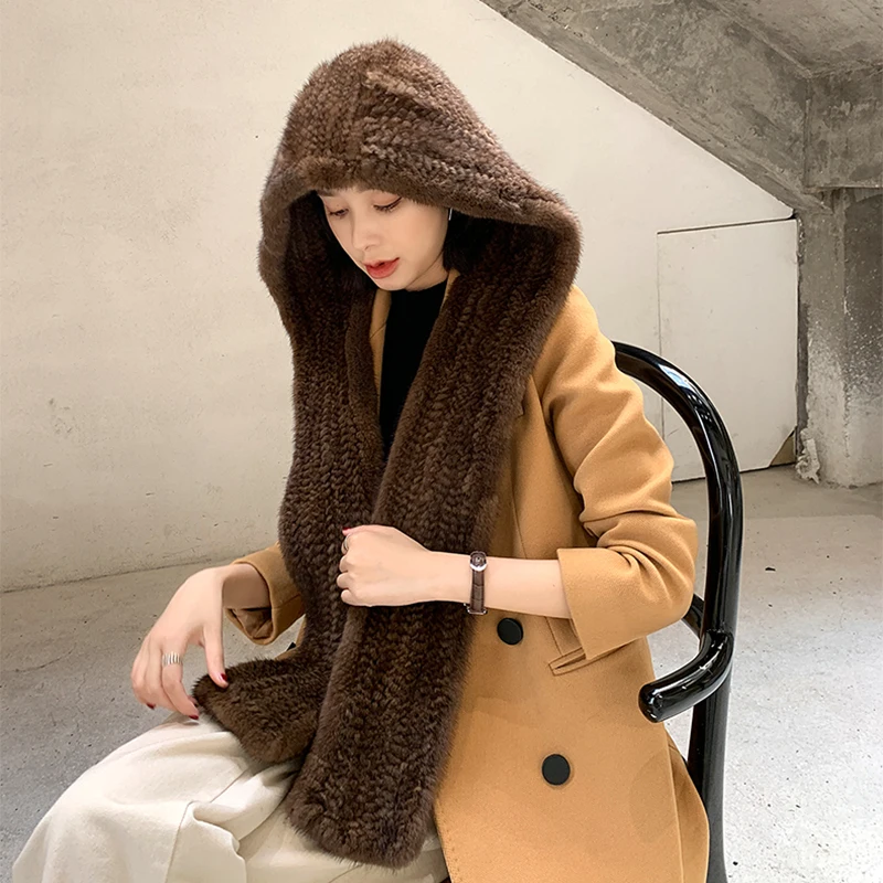 Женская зимняя шаль из натурального меха норки шарф ручной вязки меховые шали с капюшоном норковые шумоглушители хорошего качества