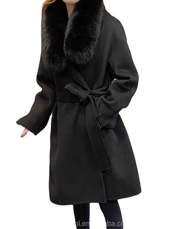 New fashion long cashmere women overcoat belt winter warm fox fur wool coat for ladies