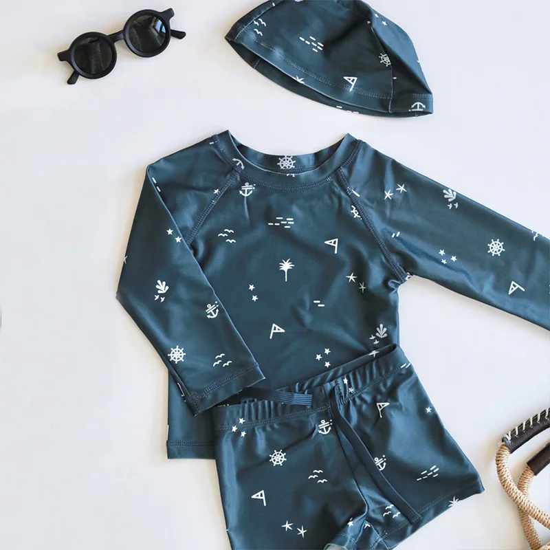 OEKO-TEX Long Sleeved Sun Protection Print Two Piece Kids Toddler Boy Swimwear Bathing Suits For Toddlers Kids