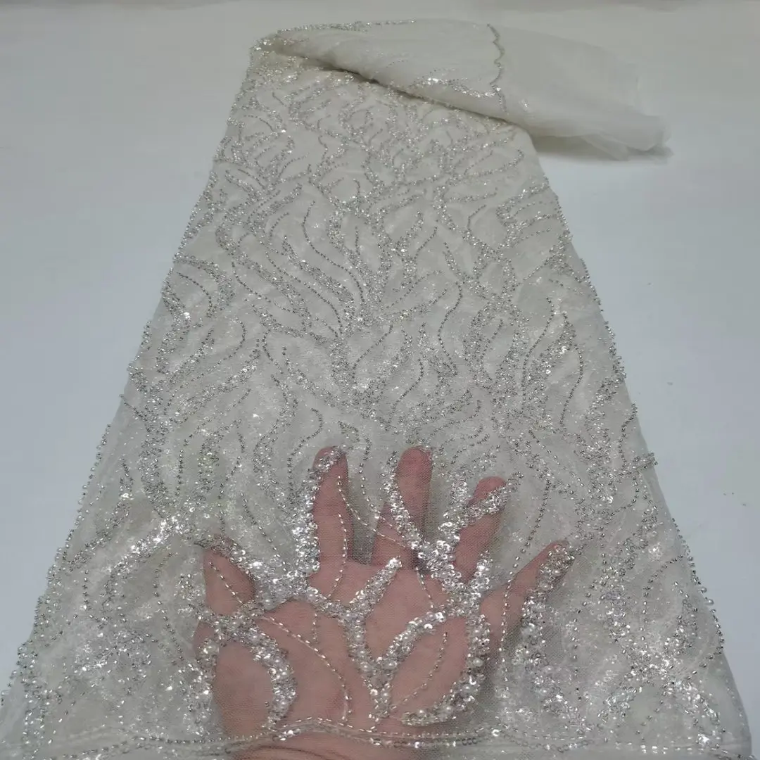 French beautiful sequins beaded lace striped high-end wedding dress fabric