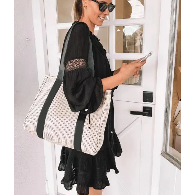 stylish neoprene tote perforated beige women neoprene tote bag for shopping beach gym overnight trips nappy bag